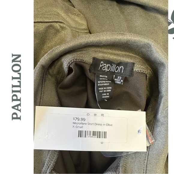 Papillon Shirt Dress Long Sleeve Button Front Faux Suede Microfiber Green Sz XS - Picture 8 of 8